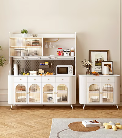 White Sideboard With Glass Doors And Shelf For Kitchen Supplies And Decorations 3d model