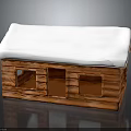 Cozy Log Cabin Building With Snow Covered Roof Featuring Wooden Windows And Door