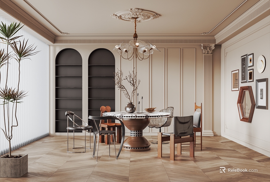 Elegant Restaurant Interior With Ornate Chandelier Round Dining Table Mixed Material Chairs And Arched Bookshelves 3d model 