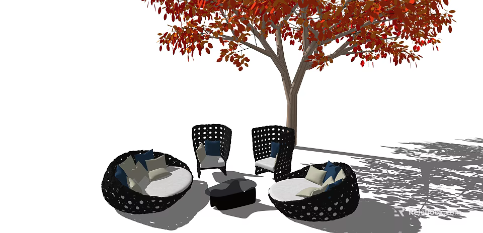 Outdoor Sofa Set With Black Hollow Design Cushions And Red Leaf Garden Trees 3d model 