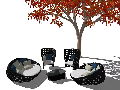 Outdoor Sofa Set With Black Hollow Design Cushions And Red Leaf Garden Trees 3d model