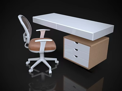 Modern Desk Featuring White Tabletop Wheeled Chair Mesh Backrest Brown Seat Brown White Drawer Cabinet 3d model