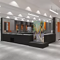 Modern Exhibition Hall Interior With Black Reception Desk Orange Accent Wall Artworks And Linear Pendant Lights