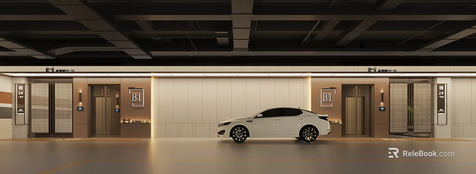 Modern Parking Garage Featuring White Car Near Light Walls And BI Logos On Bright Ceiling 3d model 