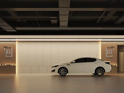 Modern Parking Garage Featuring White Car Near Light Walls And BI Logos On Bright Ceiling 3d model