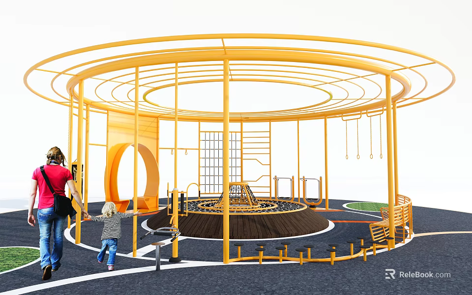 Yellow Circular Outdoor Play Equipment With Swings Climbing Frames And Kids Playground Area 3d model 