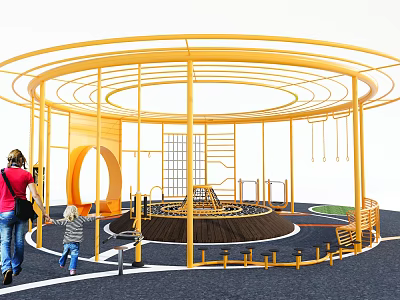 Yellow Circular Outdoor Play Equipment With Swings Climbing Frames And Kids Playground Area 3d model