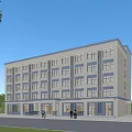 Modern Multi Storey Industrial Building With Large Windows Greenery And Parking Area