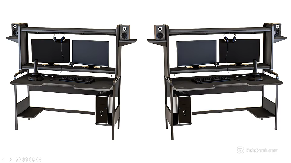 Modern Computer Desk Setup With Dual Monitors Speakers And Computer Tower 3d model 