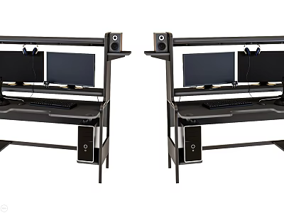 Modern Computer Desk Setup With Dual Monitors Speakers And Computer Tower 3d model