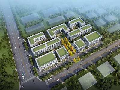 Aerial View Planning of Modern Urban Area With Green Roof Buildings and Tree Surroundings 3d model
