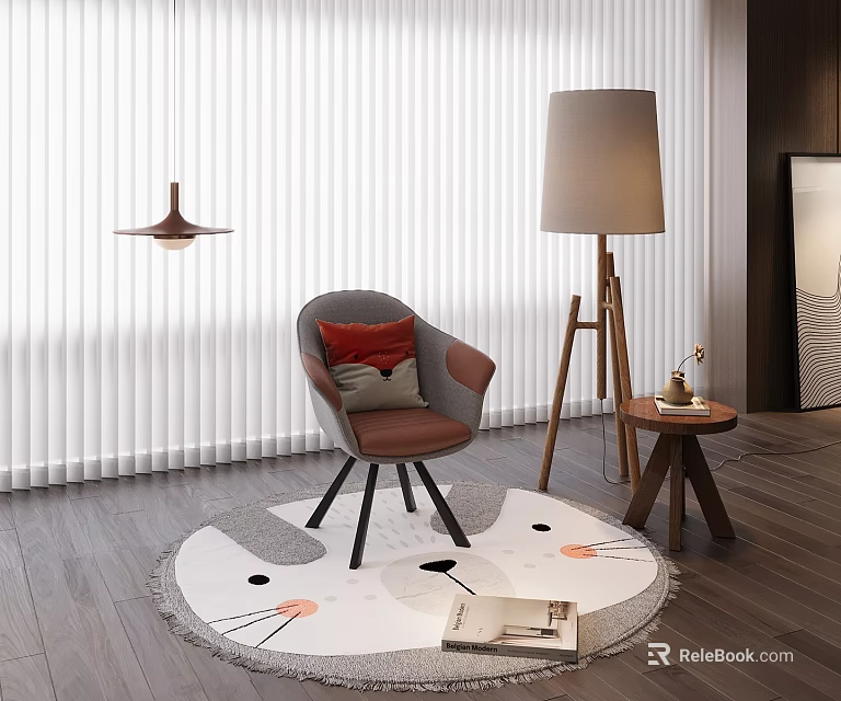 Gray Accent Chair With Red Cushion On Cat Face Pattern Round Rug And Floor Lamp 3d model 