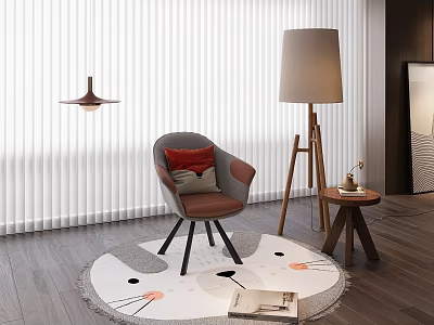 Gray Accent Chair With Red Cushion On Cat Face Pattern Round Rug And Floor Lamp 3d model