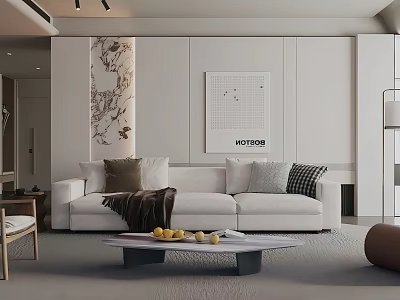 Modern Living Room Interior Design With White Sofa Pillows Coffee Table Fruits And Decorative Painting 3d model