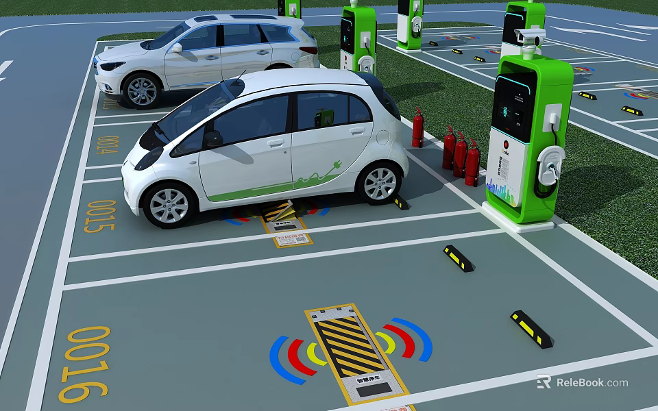 Industrial Charging Stations For Electric Vehicles In Parking Lot With Safety Gear 3d model 
