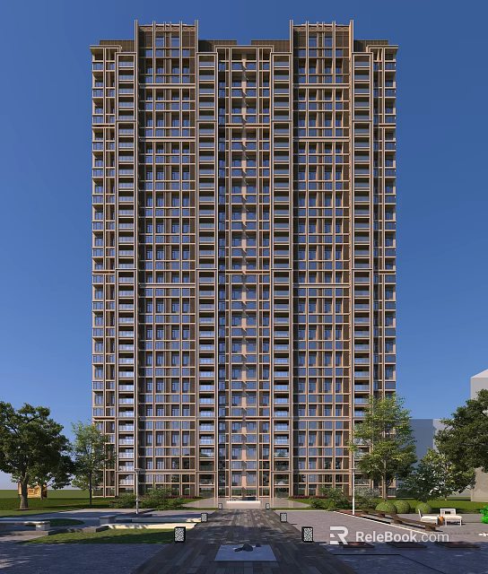 Tall Modern Residential Building With Grid Facade Large Windows And Trees Under Blue Sky 3d model 