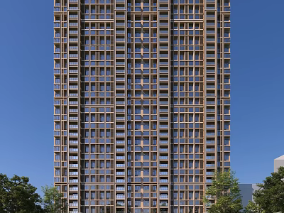 Tall Modern Residential Building With Grid Facade Large Windows And Trees Under Blue Sky 3d model