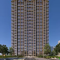 Tall Modern Residential Building With Grid Facade Large Windows And Trees Under Blue Sky
