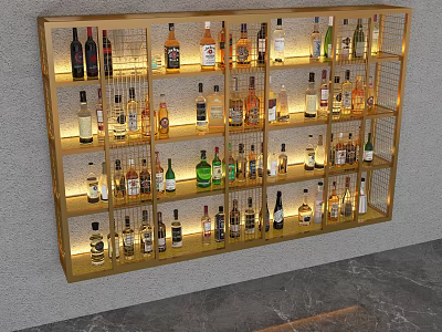 Modern Wall Mounted Liquor Cabinet With Golden Frame And Illuminated Shelves Filled With Various Bottles 3d model