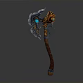 Mythical Battle Axe With Ornate Design Blue Glowing Gem Golden Accents And Brown Wooden Handle