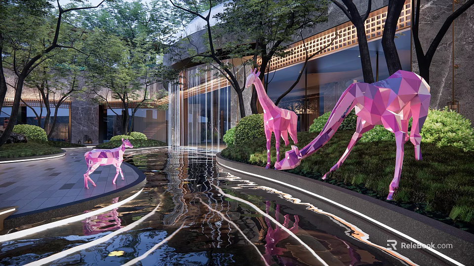Modern Garden Landscape with Pink Giraffe and Deer Sculptures Water Pool Green Plants Illuminated Path 3d model 