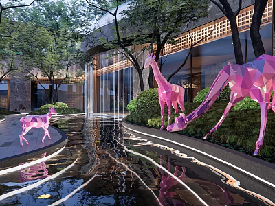 Modern Garden Landscape with Pink Giraffe and Deer Sculptures Water Pool Green Plants Illuminated Path 3d model
