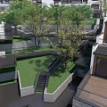 Semi Detached Villa Courtyard With Green Lawn Wooden Stairs Trees And Stone Walls
