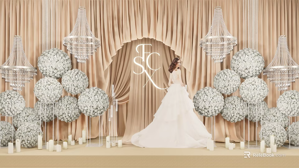 Wedding Photo Spot With Beige Curtains Arch ESC Crystal Chandeliers White Flower Balls And Candles 3d model 