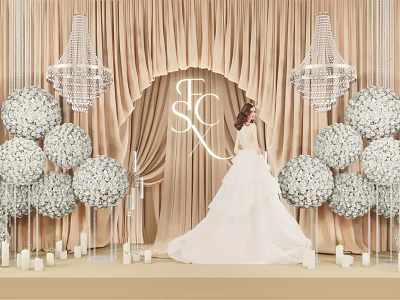 Wedding Photo Spot With Beige Curtains Arch ESC Crystal Chandeliers White Flower Balls And Candles 3d model
