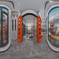 Elegant Modern Door Showroom Interior With Glass Displays Marble Floors And Lighting Fixtures