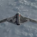 Camouflage Stealth Fighter Jet Flying Through Cloudy Sky With Flying Wing Design