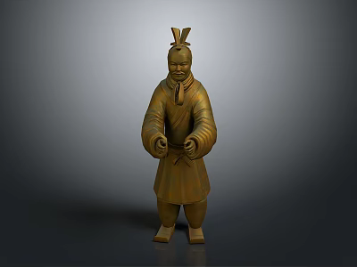 Golden Terracotta Warrior Sculpture With Traditional Attire And Headgear In Standing Pose 3d model