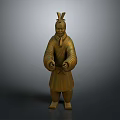 Golden Terracotta Warrior Sculpture With Traditional Attire And Headgear In Standing Pose