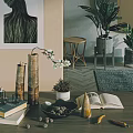 Natural Style Decorative Ornament Set With Bamboo Vases White Blossoms And Books On Tabletop