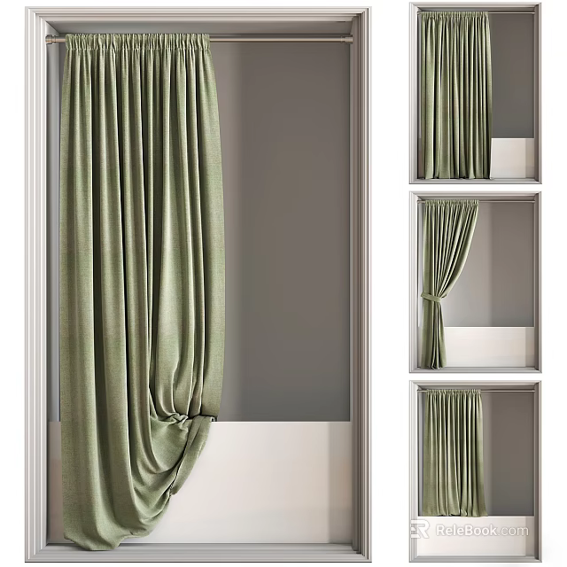 Green Textured Curtains With Various Hanging Styles In Modern Interior 3d model 