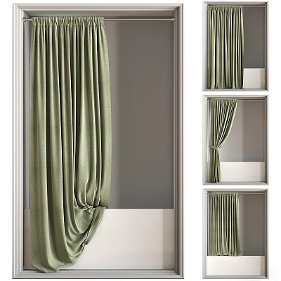 Green Textured Curtains With Various Hanging Styles In Modern Interior 3d model