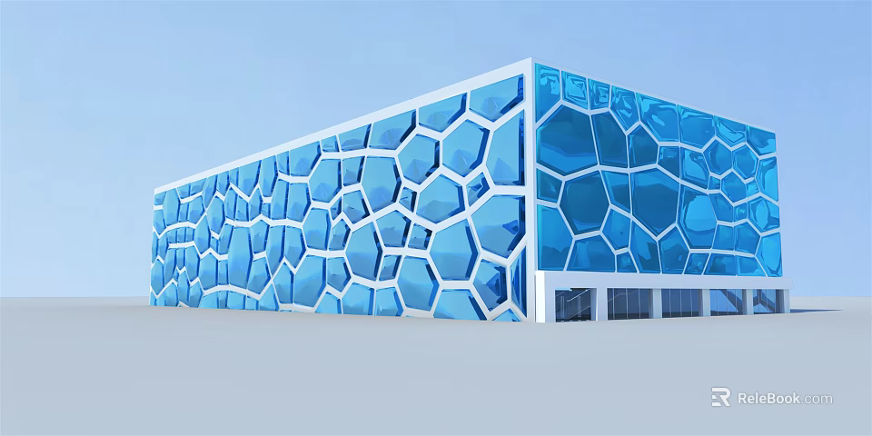Unique Modern Building Exterior With Blue Hexagonal Glass Panel Design 3d model