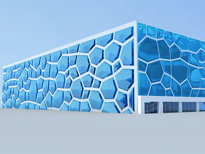 Unique Modern Building Exterior With Blue Hexagonal Glass Panel Design 3d model