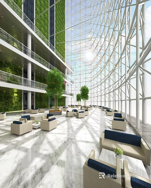 Modern Front Desk Reception Area With Glass Walls Natural Light Green Plants And Comfortable Seating 3d model 