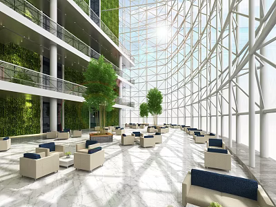 Modern Front Desk Reception Area With Glass Walls Natural Light Green Plants And Comfortable Seating 3d model