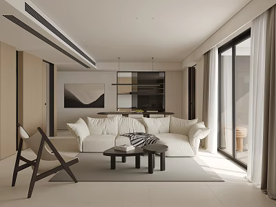 Modern Living And Dining Room With White Sofa Coffee Table And Floor to Ceiling Windows 3d model