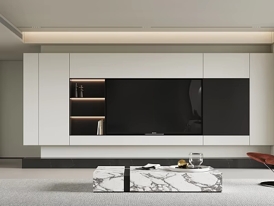 Modern TV Wall Design With White Black Cabinets And Illuminated Open Shelves 3d model