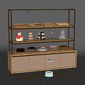 Gold Metal Pastry Display Shelf With Various Cakes Pastries And Wooden Cabinet