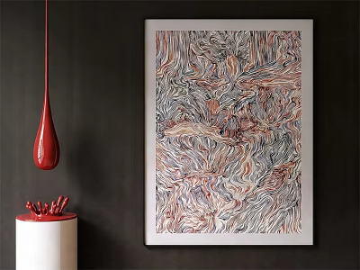 Abstract Oil Painting with Swirling Lines on Dark Wall and Red Pendant Light 3d model
