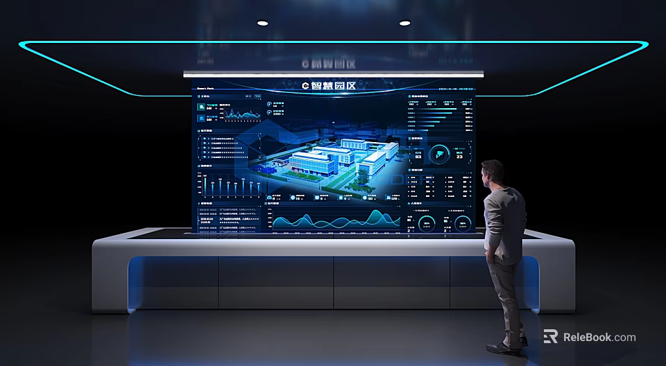 Modern Exhibition Hall With Large Digital Screen Displaying Data Charts And 3D Building Model 3d model