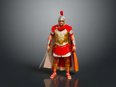 Man Dressed As Roman Soldier With Red Plumed Helmet Red Cape And Golden Armor 3d model