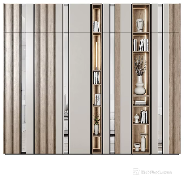Modern Mirrored Decorative Cabinet With Wooden Frames Books And Vases 3d model 