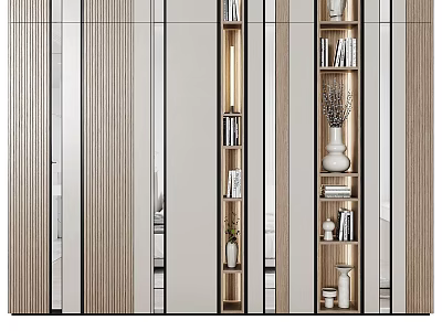 Modern Mirrored Decorative Cabinet With Wooden Frames Books And Vases 3d model