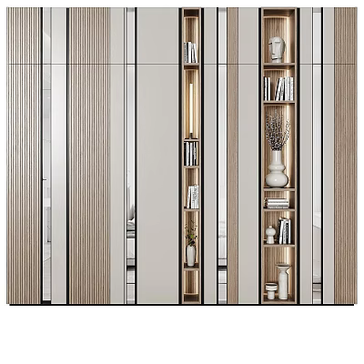 Modern Mirrored Decorative Cabinet With Wooden Frames Books And Vases 3d model