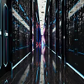KTV Futuristic Corridor Design With Glowing Pillars Reflective Floor Purple Pink Lighting